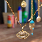 Stainless Steel gold plated smooches rhinestone lip Necklace