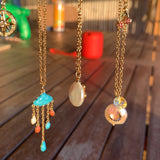 Stainless Steel gold toned natural gemstone raining cloud DREAMS quarter moon Necklace