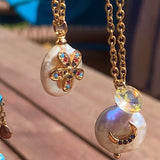 Stainless Steel gold toned cz moon coin Pearl Necklace