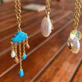 Stainless Steel gold toned natural gemstone raining cloud DREAMS quarter moon Necklace