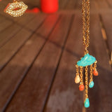 Stainless Steel gold toned natural gemstone raining cloud DREAMS quarter moon Necklace