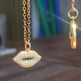 Stainless Steel gold plated smooches rhinestone lip Necklace