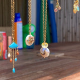 Stainless Steel gold toned natural gemstone raining cloud DREAMS quarter moon Necklace