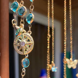 Find your center crystal Lotus flower rhinestone compass and Aqua blue faceted chain Necklace
