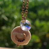 Stainless Steel gold toned cz moon coin Pearl Necklace