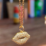 Stainless Steel gold plated smooches rhinestone lip Necklace