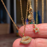 Stainless Steel gold plated smooches rhinestone lip Necklace