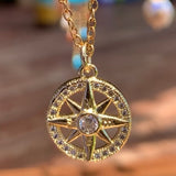 Stainless Steel gold plated DIVINELY GUIDED rhinestone compass necklace