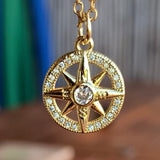Stainless Steel gold plated DIVINELY GUIDED rhinestone compass necklace