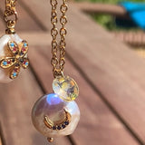 Stainless Steel gold toned cz moon coin Pearl Necklace