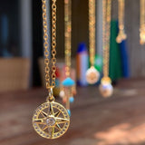 Stainless Steel gold plated DIVINELY GUIDED rhinestone compass necklace