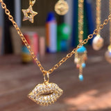 Stainless Steel gold plated smooches rhinestone lip Necklace