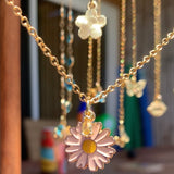Stainless Steel gold toned Pretty little baby pink enamel Flower Necklace