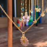 Stainless Steel gold toned Pretty little baby pink enamel Flower Necklace