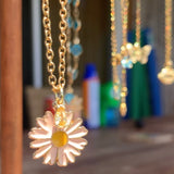Stainless Steel gold toned Pretty little baby pink enamel Flower Necklace