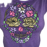 Purple sugar skull day of the dead shredded backless halter handkerchief style crop tank top cut up good sparkly graphic tshirt