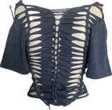 Satisfaction overly shredded backless slit weave shredded cut up t shirt
