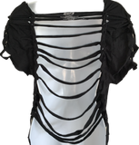 Halloween cartoon Bart Simpson  The Simpsons skeleton halloween costume overly shredded slit weave cut up woven backless asymmetrical t shirt