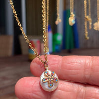 Stainless Steel gold toned cz flower coin Pearl Necklace