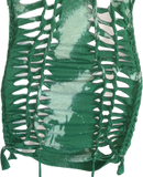 Bleached St Paddy’s day overly shredded slit weave cut up woven backless micro mini cami holiday drinking dress
