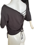 Shania Twain let’s go girls overly shredded backless slit weave asymmetrical cut up woven t shirt crop top