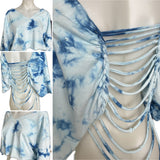 Blue tie dye backless cut up slitweave cut up woven v neck t shirt crop top