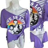 Festival Fashion love is love golden girls asymmetrical shredded backless retro slit weave t shirt
