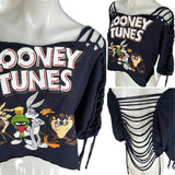 Festival Fashion Looney Tunes shredded backless retro slit weave t shirt