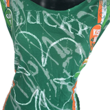 Green Is the theme  lucky shirt bleached shamrock 4 leaf clover St Paddy’s day overly shredded slit weave kiss me I’m Irish leprechaun costume backless micro mini dress