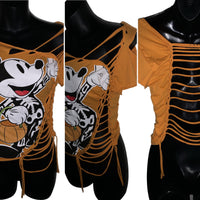 Halloween cartoon skeleton costume mouse in the house overly shredded slit weave backless t shirt