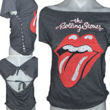 Satisfaction the Rolling Stones shredded backless slit weave tie back off shoulder cut up woven t shirt XXXS XXS XS S