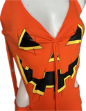 Trick or treat pumpkin jack o lantern sexy costume cut up t shirt backless slit weave fringe halter micro mini dress
