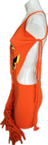 Trick or treat pumpkin jack o lantern sexy costume cut up t shirt backless slit weave fringe halter micro mini dress