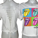 Festival Fashion The Rolling Stones shredded backless retro slit weave v back cut woven t shirt crop top