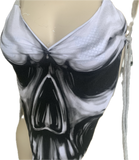 Black and white smoke skull backless spooky skeleton shredded handkerchief style halter top