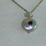 Stainless Steel gold toned garnet coin Pearl and rhinestone star Necklace