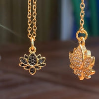 Stainless Steel gold plated tiny lotus REBIRTH black cz FLOWER Necklace