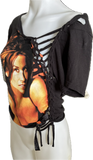 Shania Twain let’s go girls overly shredded backless slit weave asymmetrical cut up woven t shirt crop top
