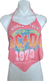 AC/DC ‘79 world tour highway to hell Festival Fashion shredded handkerchief style retro halter crop top salmon pink bikini concert t shirt