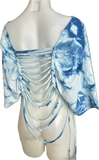 Blue tie dye backless cut up slitweave cut up woven v neck t shirt crop top