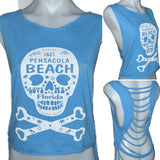 Vintage Pensacola Sugar skull cut woven finger crochet backless slitweave vacation souvenirs muscle t shirt crop tank top