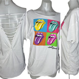 Festival Fashion The Rolling Stones shredded backless retro slit weave v back cut woven t shirt