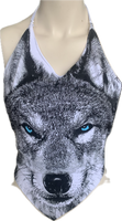 Icy blue eyed backless wolf shredded handkerchief style halter top XS S