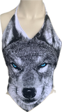 Icy blue eyed backless wolf shredded handkerchief style halter top XS S