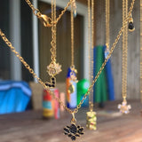 Stainless Steel gold plated tiny lotus REBIRTH black cz FLOWER Necklace