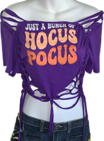 Bunch of Hocus Pocus Halloween witch inspired overly shredded slit weave backless t shirt