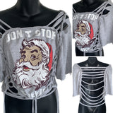 Don’t stop believing Santa clause Christmas Reworked overly shredded backless T Shirt crop top