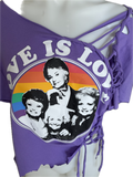 Festival Fashion love is love golden girls asymmetrical shredded backless retro slit weave t shirt