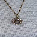 SWAK besos kiss Stainless Steel gold plated rhinestone bedazzled smooches lips pout Necklace