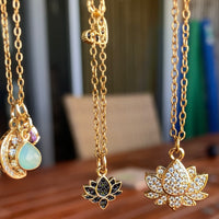 Stainless Steel gold plated lotus REBIRTH white rhinestone FLOWER Necklace